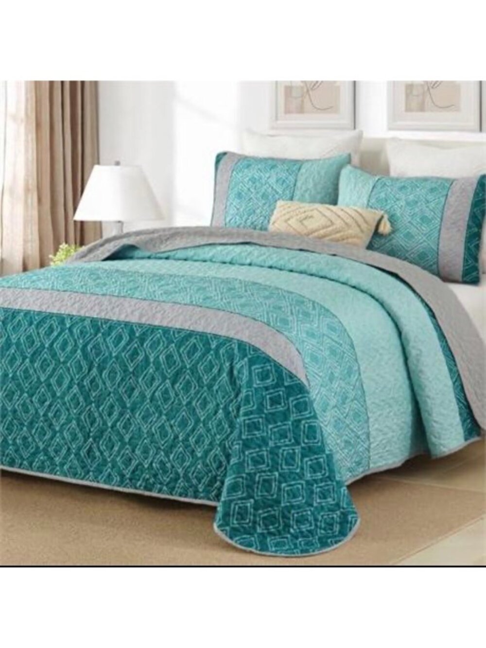 Diamond Pattern Quilt Set - Teal & Gray Full - Soft Breathable All-Season Comfor